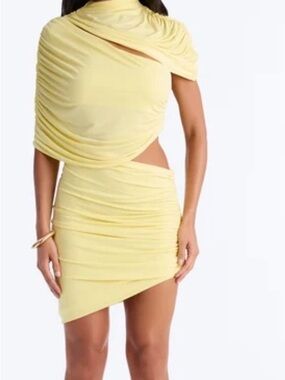 Yellow Ruched One-Shoulder Cutout Mini Dress